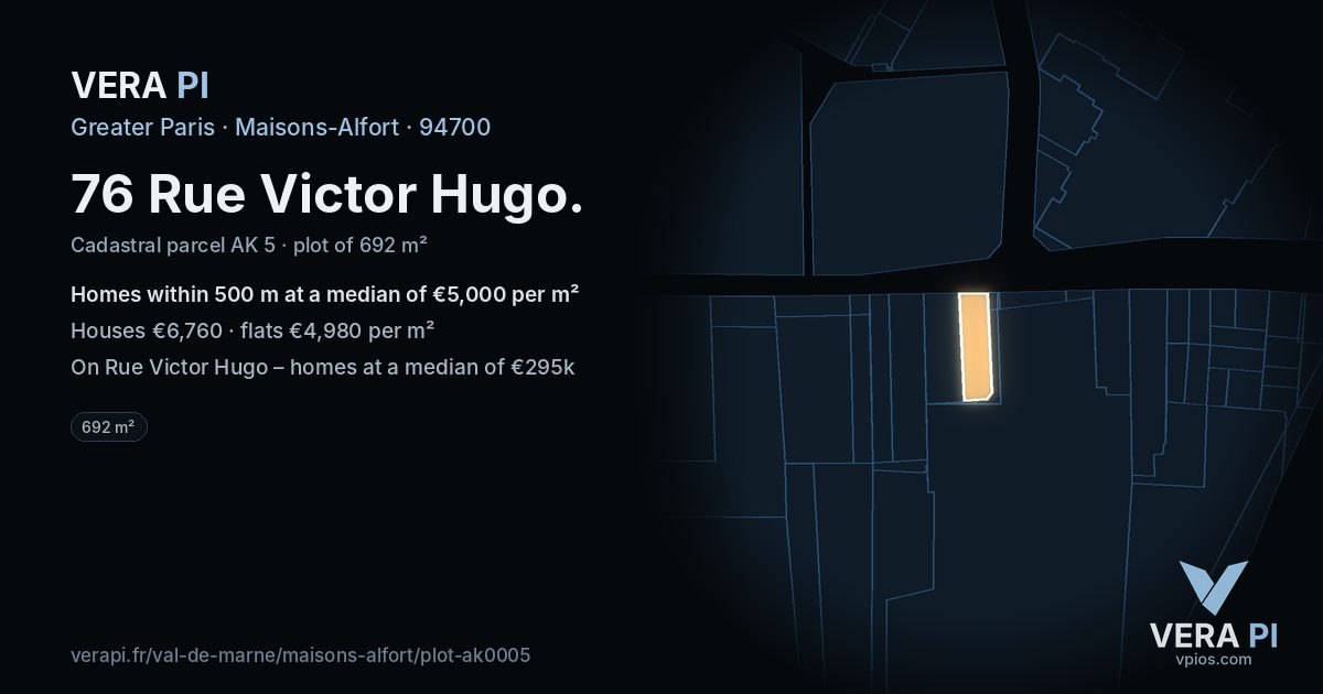 76 Rue Victor Hugo, Maisons-Alfort at night – the plot lit, the parcels around coloured by the prices near them
