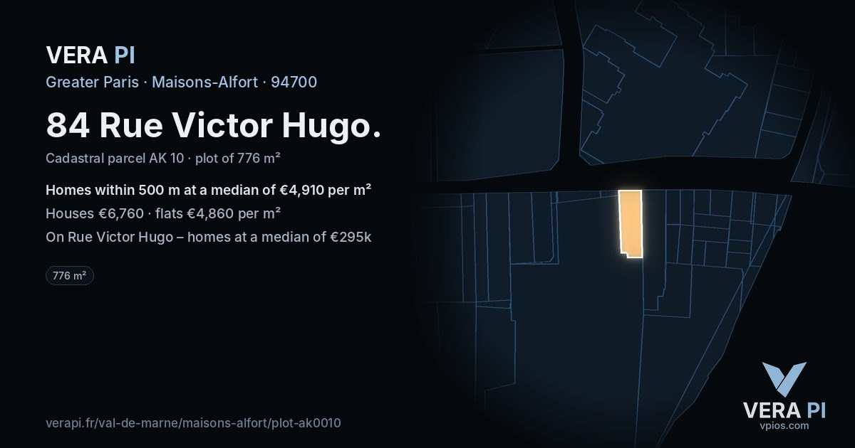 84 Rue Victor Hugo, Maisons-Alfort at night – the plot lit, the parcels around coloured by the prices near them