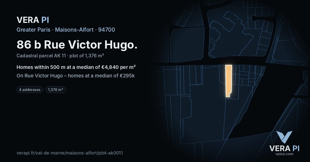 86 b Rue Victor Hugo, Maisons-Alfort at night – the plot lit, the parcels around coloured by the prices near them