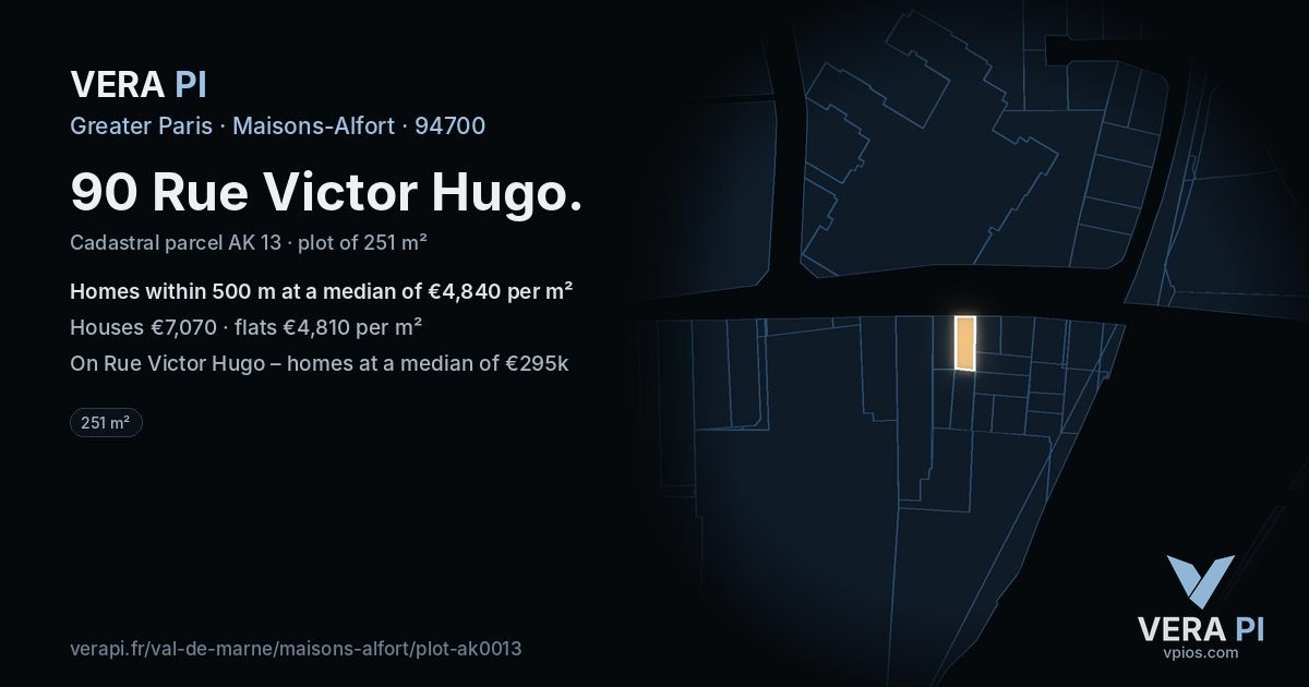 90 Rue Victor Hugo, Maisons-Alfort at night – the plot lit, the parcels around coloured by the prices near them