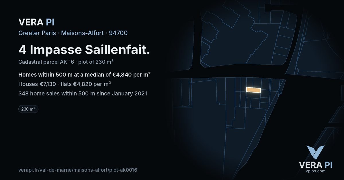 4 Impasse Saillenfait, Maisons-Alfort at night – the plot lit, the parcels around coloured by the prices near them
