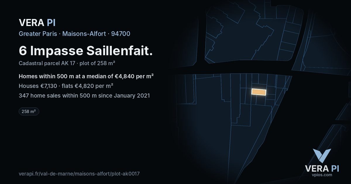 6 Impasse Saillenfait, Maisons-Alfort at night – the plot lit, the parcels around coloured by the prices near them
