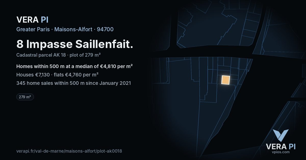 8 Impasse Saillenfait, Maisons-Alfort at night – the plot lit, the parcels around coloured by the prices near them