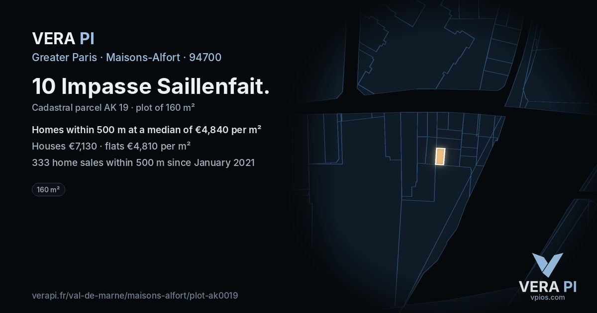 10 Impasse Saillenfait, Maisons-Alfort at night – the plot lit, the parcels around coloured by the prices near them