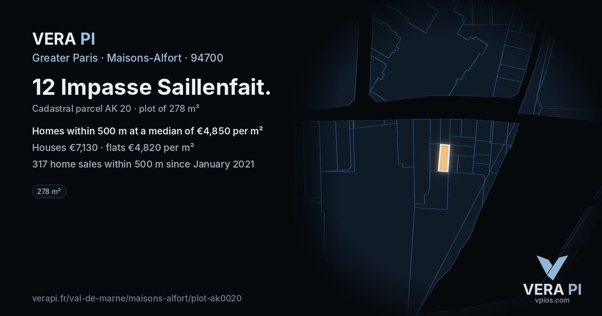 12 Impasse Saillenfait, Maisons-Alfort at night – the plot lit, the parcels around coloured by the prices near them
