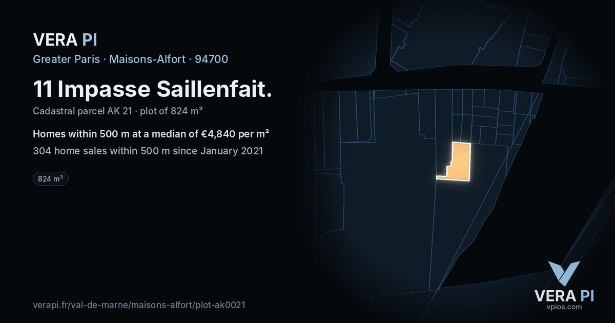 11 Impasse Saillenfait, Maisons-Alfort at night – the plot lit, the parcels around coloured by the prices near them