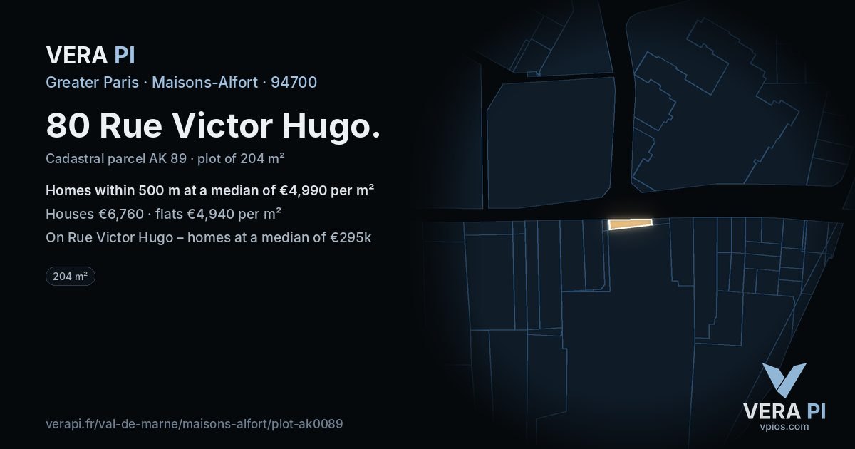 80 Rue Victor Hugo, Maisons-Alfort at night – the plot lit, the parcels around coloured by the prices near them