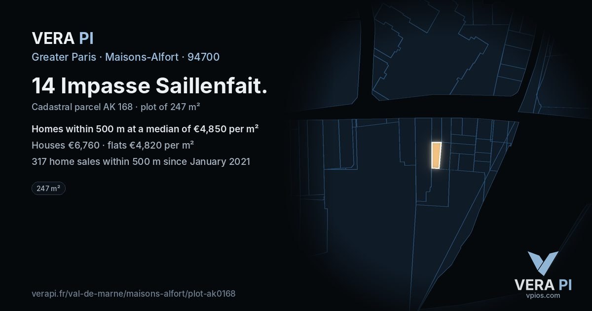 14 Impasse Saillenfait, Maisons-Alfort at night – the plot lit, the parcels around coloured by the prices near them