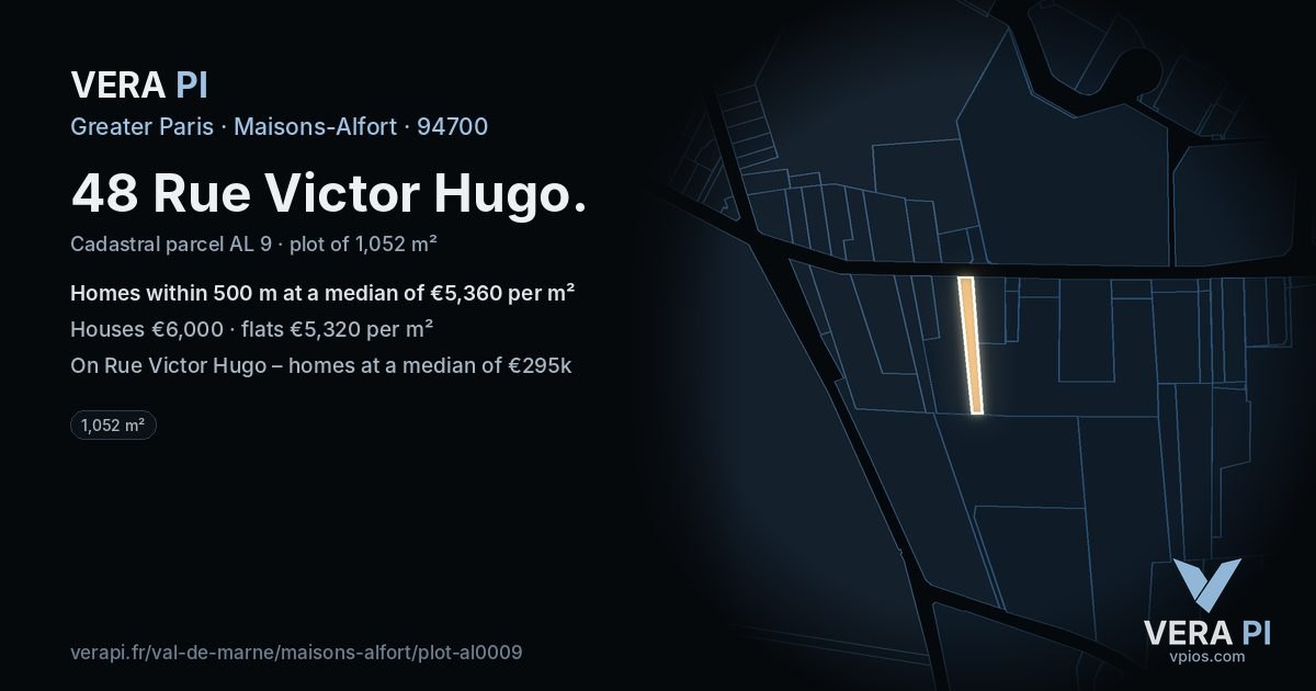 48 Rue Victor Hugo, Maisons-Alfort at night – the plot lit, the parcels around coloured by the prices near them