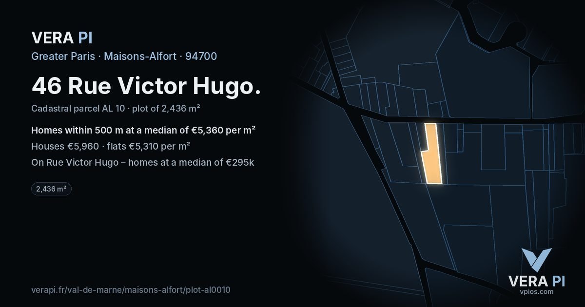 46 Rue Victor Hugo, Maisons-Alfort at night – the plot lit, the parcels around coloured by the prices near them