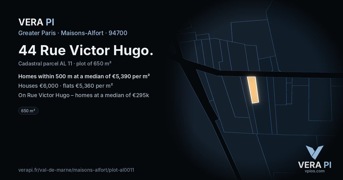 44 Rue Victor Hugo, Maisons-Alfort at night – the plot lit, the parcels around coloured by the prices near them