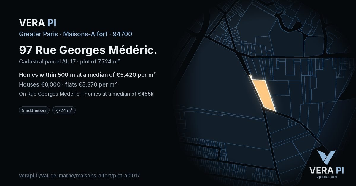 97 Rue Georges Médéric, Maisons-Alfort at night – the plot lit, the parcels around coloured by the prices near them
