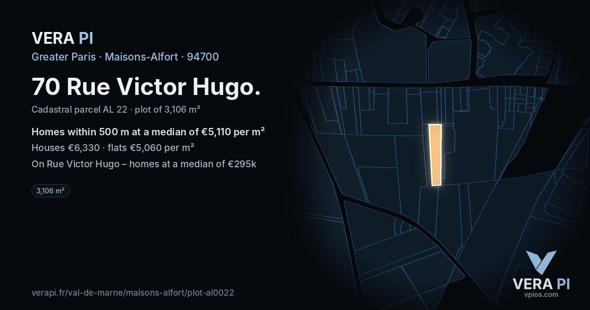 70 Rue Victor Hugo, Maisons-Alfort at night – the plot lit, the parcels around coloured by the prices near them