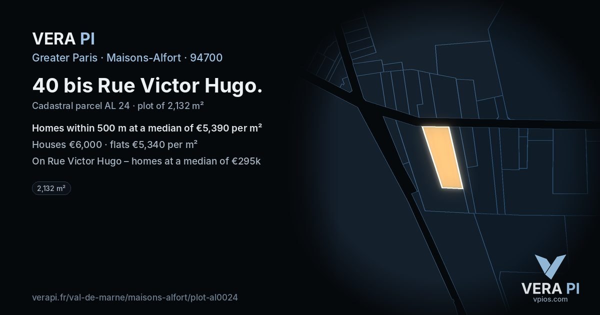 40 bis Rue Victor Hugo, Maisons-Alfort at night – the plot lit, the parcels around coloured by the prices near them