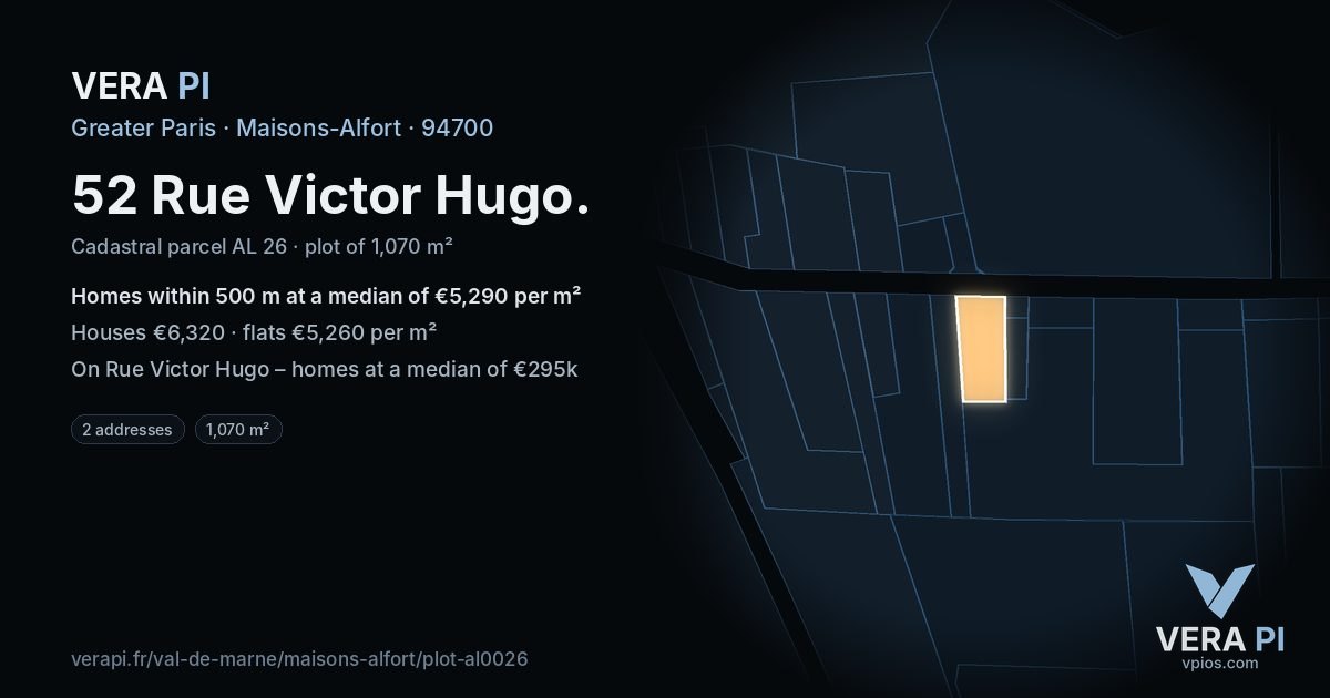 52 Rue Victor Hugo, Maisons-Alfort at night – the plot lit, the parcels around coloured by the prices near them