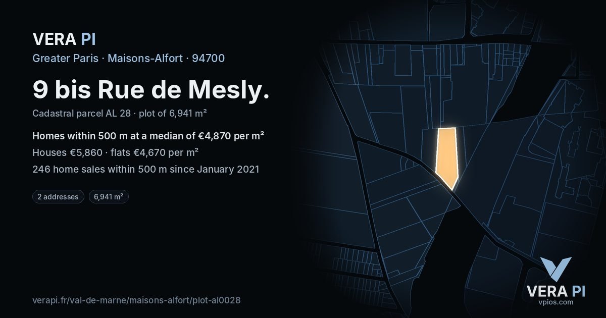 9 bis Rue de Mesly, Maisons-Alfort at night – the plot lit, the parcels around coloured by the prices near them