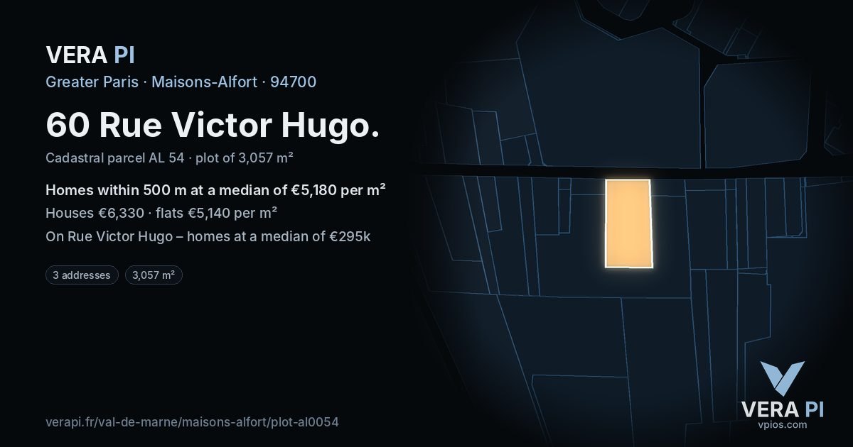 60 Rue Victor Hugo, Maisons-Alfort at night – the plot lit, the parcels around coloured by the prices near them