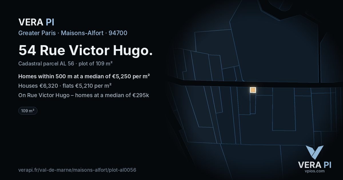 54 Rue Victor Hugo, Maisons-Alfort at night – the plot lit, the parcels around coloured by the prices near them