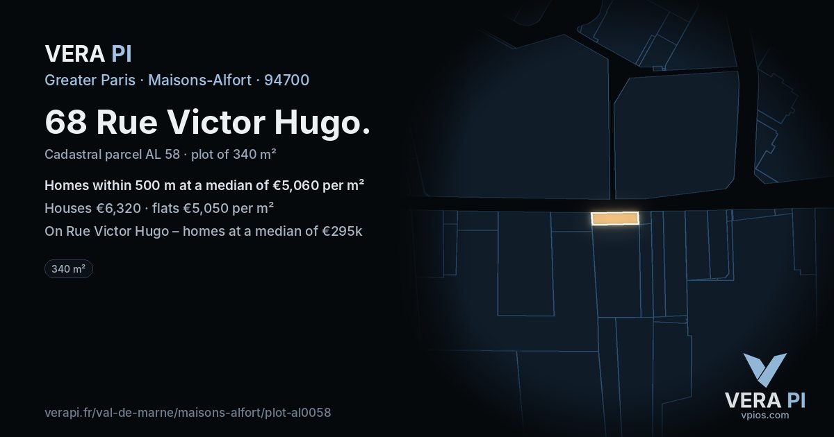 68 Rue Victor Hugo, Maisons-Alfort at night – the plot lit, the parcels around coloured by the prices near them