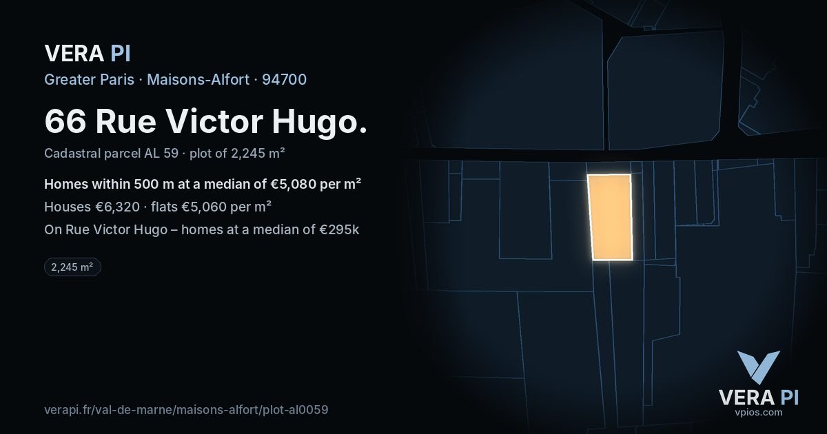 66 Rue Victor Hugo, Maisons-Alfort at night – the plot lit, the parcels around coloured by the prices near them