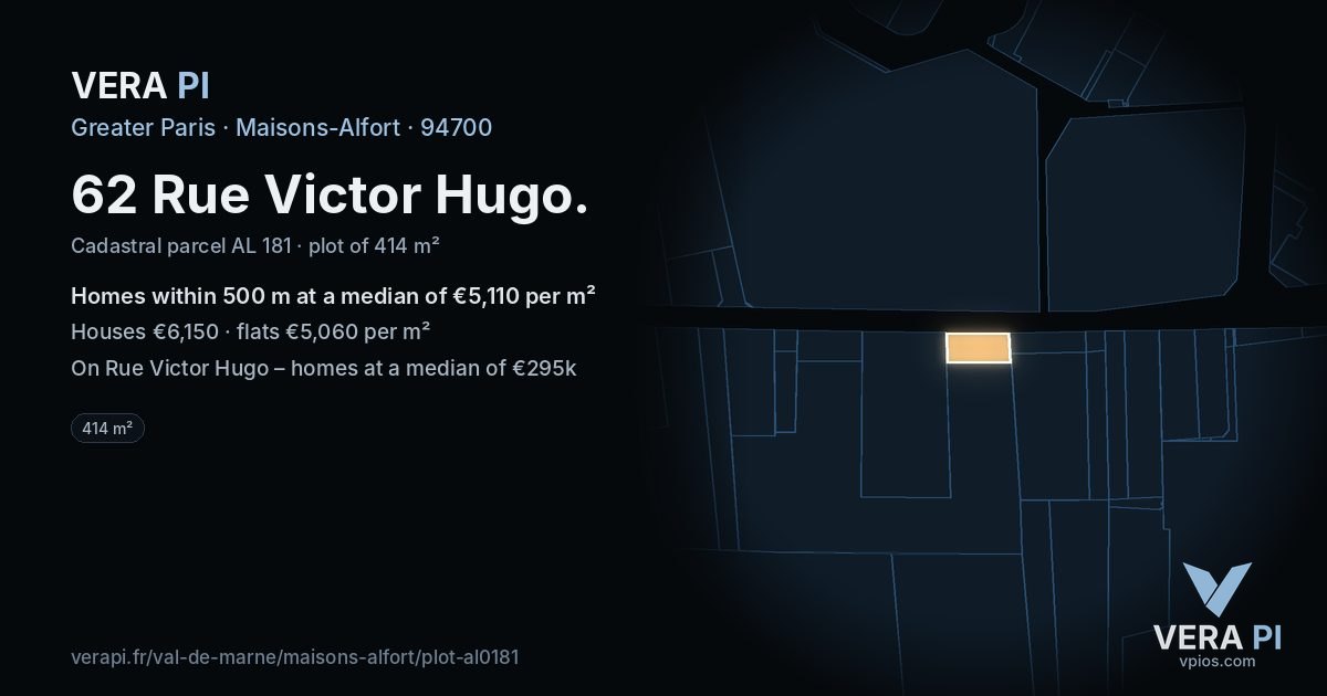 62 Rue Victor Hugo, Maisons-Alfort at night – the plot lit, the parcels around coloured by the prices near them