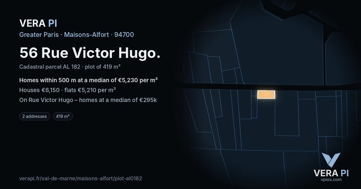 56 Rue Victor Hugo, Maisons-Alfort at night – the plot lit, the parcels around coloured by the prices near them
