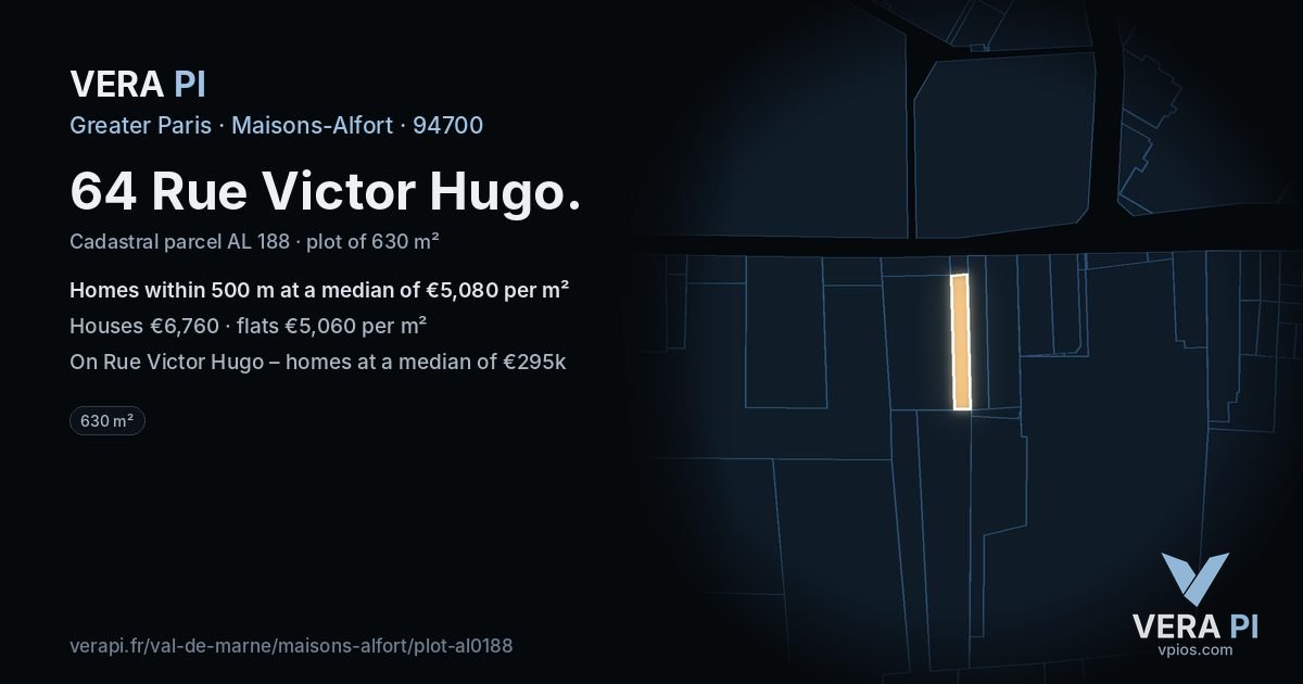 64 Rue Victor Hugo, Maisons-Alfort at night – the plot lit, the parcels around coloured by the prices near them