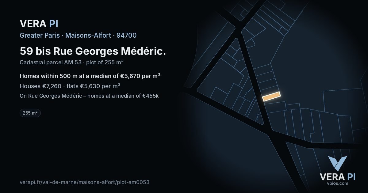 59 bis Rue Georges Médéric, Maisons-Alfort at night – the plot lit, the parcels around coloured by the prices near them