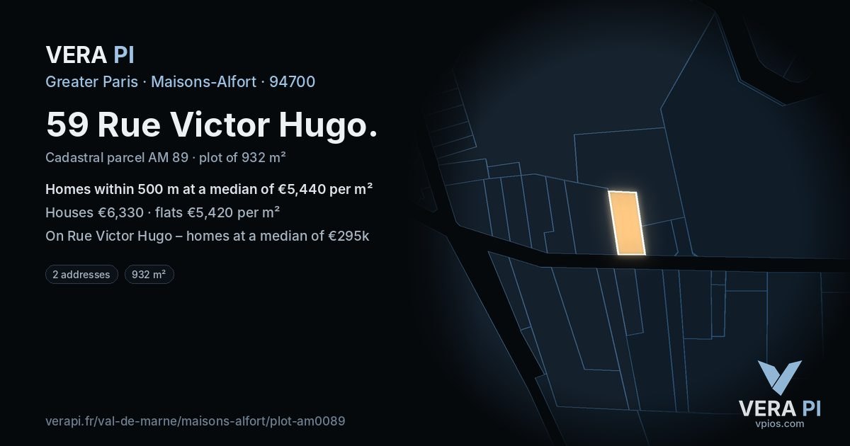 59 Rue Victor Hugo, Maisons-Alfort at night – the plot lit, the parcels around coloured by the prices near them