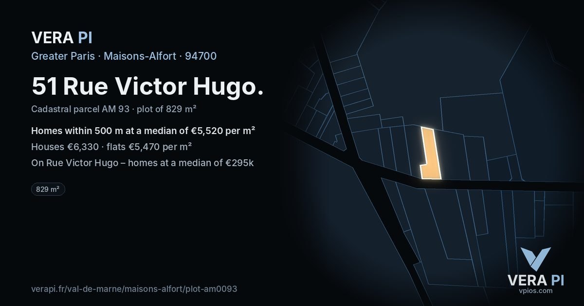51 Rue Victor Hugo, Maisons-Alfort at night – the plot lit, the parcels around coloured by the prices near them