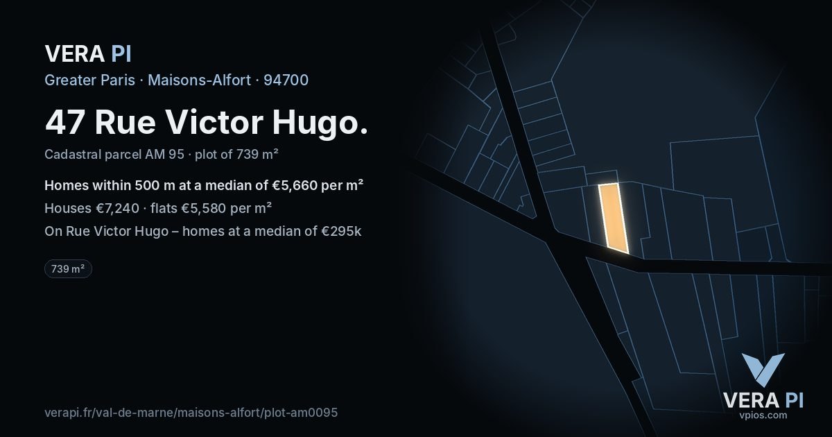 47 Rue Victor Hugo, Maisons-Alfort at night – the plot lit, the parcels around coloured by the prices near them