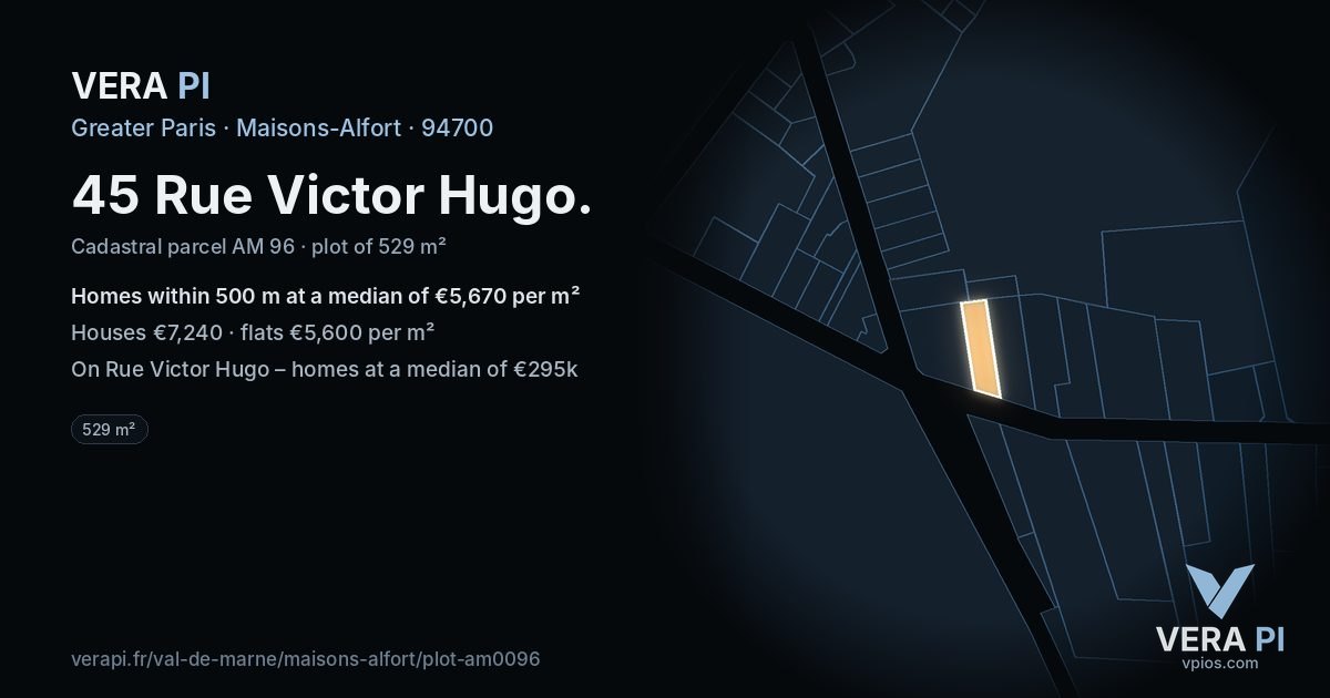 45 Rue Victor Hugo, Maisons-Alfort at night – the plot lit, the parcels around coloured by the prices near them