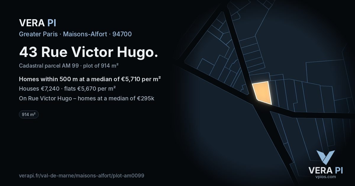 43 Rue Victor Hugo, Maisons-Alfort at night – the plot lit, the parcels around coloured by the prices near them