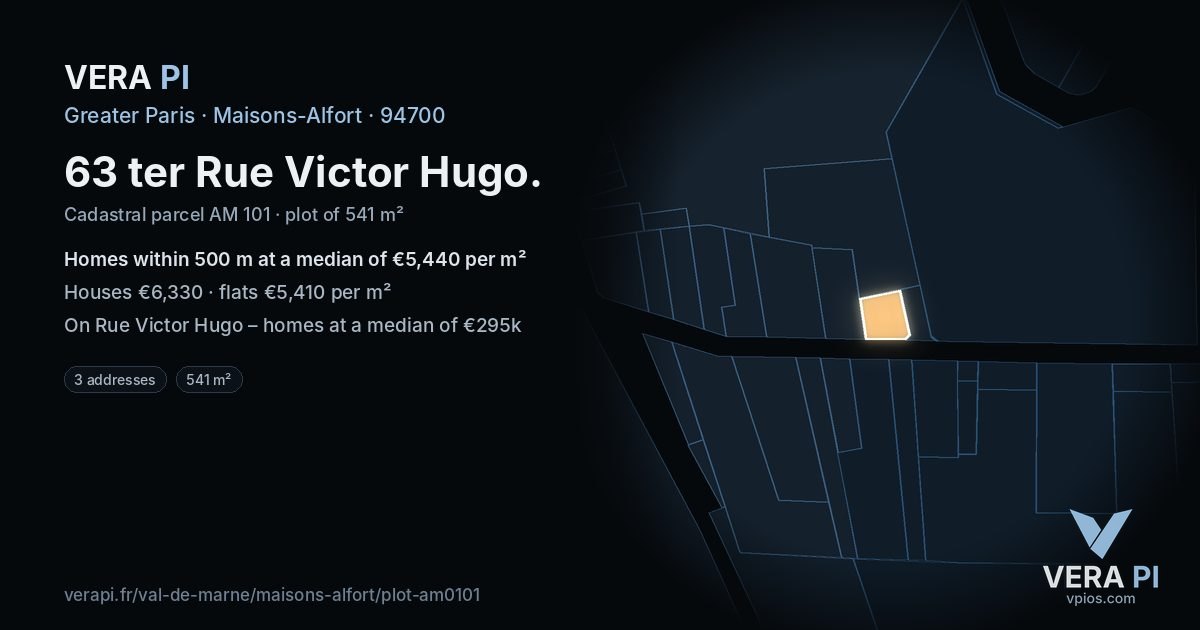 63 ter Rue Victor Hugo, Maisons-Alfort at night – the plot lit, the parcels around coloured by the prices near them