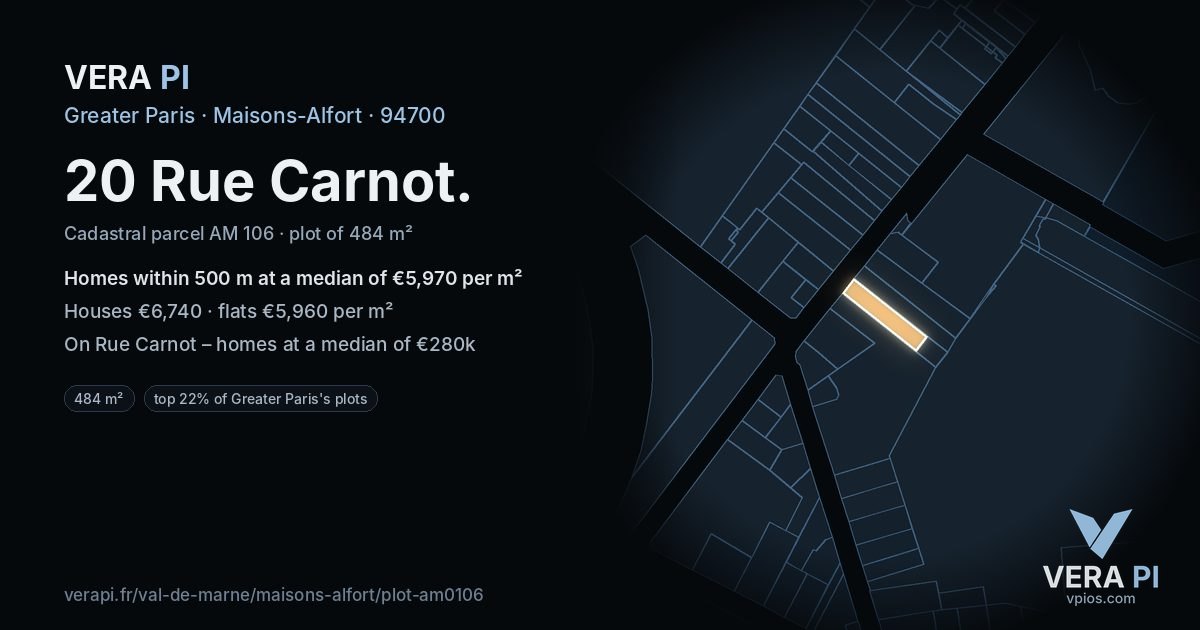 20 Rue Carnot, Maisons-Alfort at night – the plot lit, the parcels around coloured by the prices near them