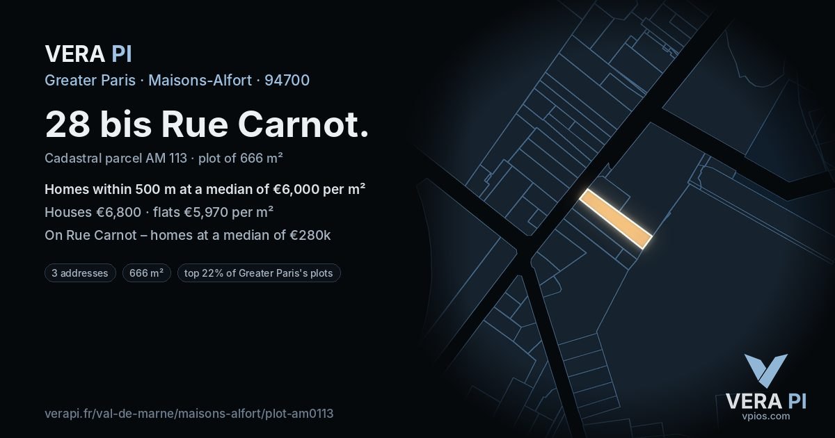 28 bis Rue Carnot, Maisons-Alfort at night – the plot lit, the parcels around coloured by the prices near them