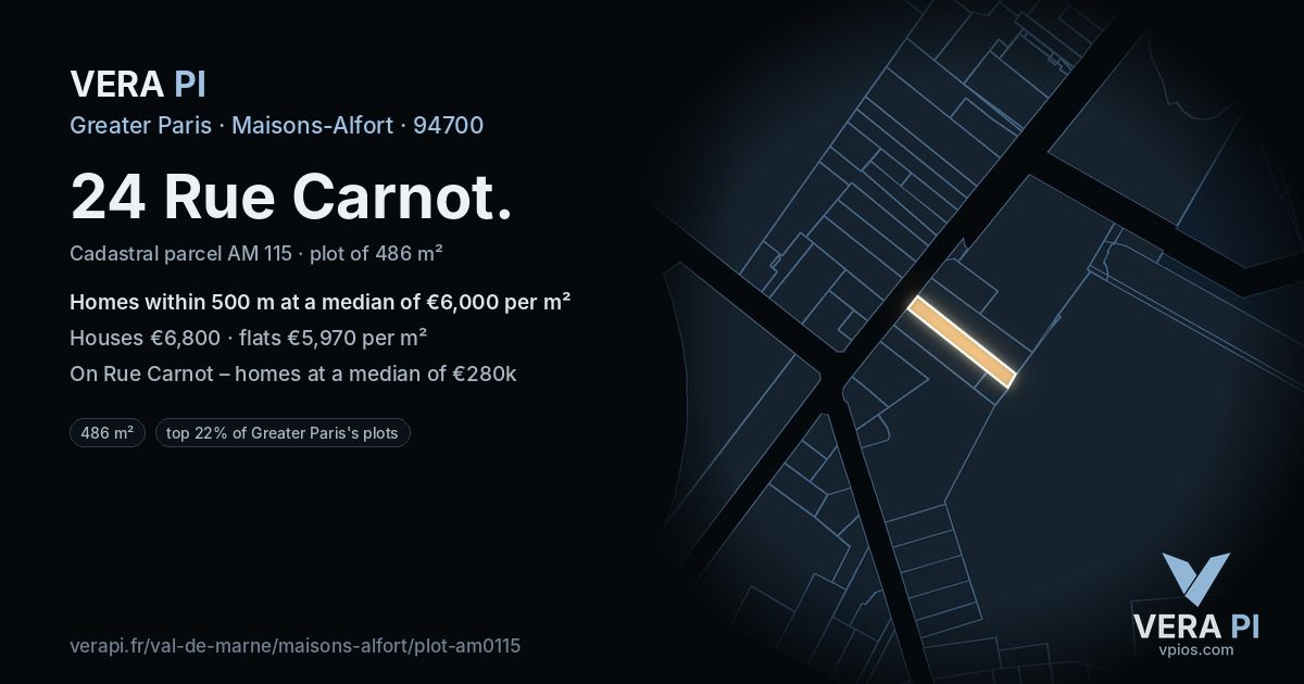 24 Rue Carnot, Maisons-Alfort at night – the plot lit, the parcels around coloured by the prices near them