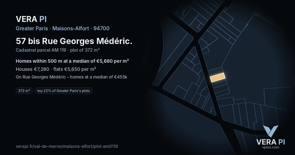 57 bis Rue Georges Médéric, Maisons-Alfort at night – the plot lit, the parcels around coloured by the prices near them