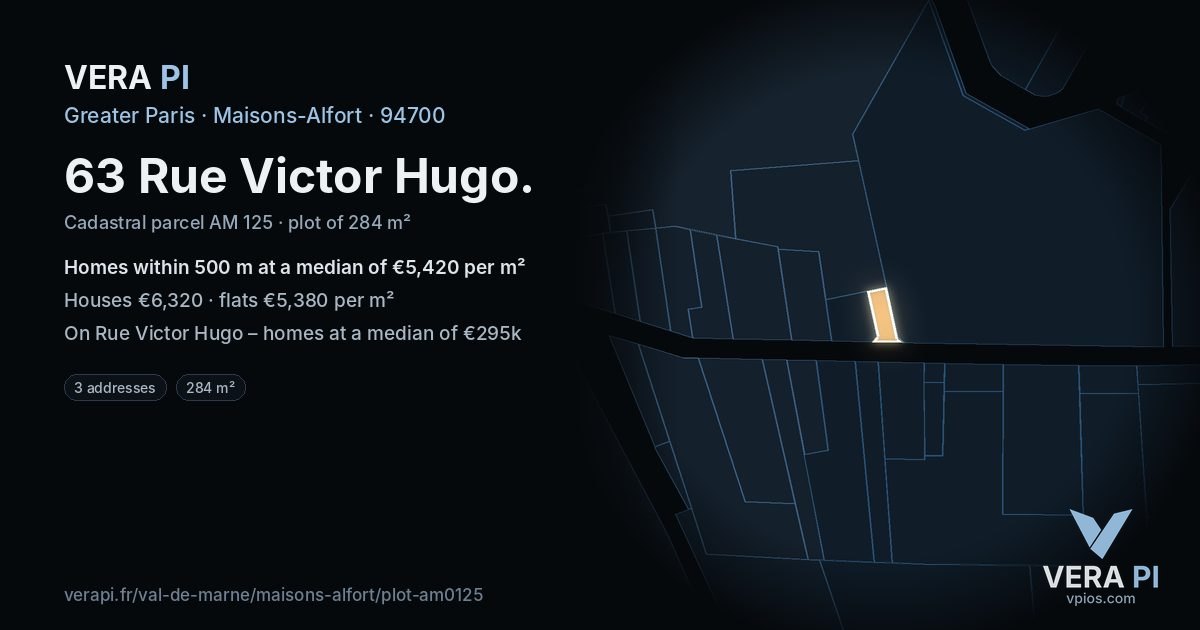 63 Rue Victor Hugo, Maisons-Alfort at night – the plot lit, the parcels around coloured by the prices near them
