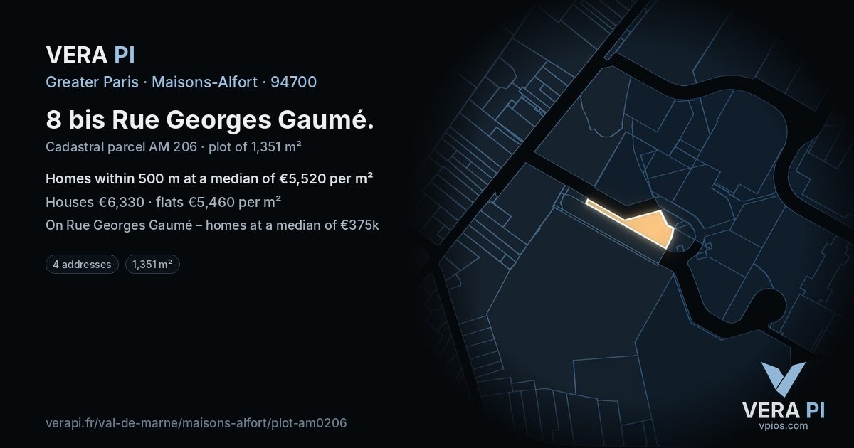 8 bis Rue Georges Gaumé, Maisons-Alfort at night – the plot lit, the parcels around coloured by the prices near them