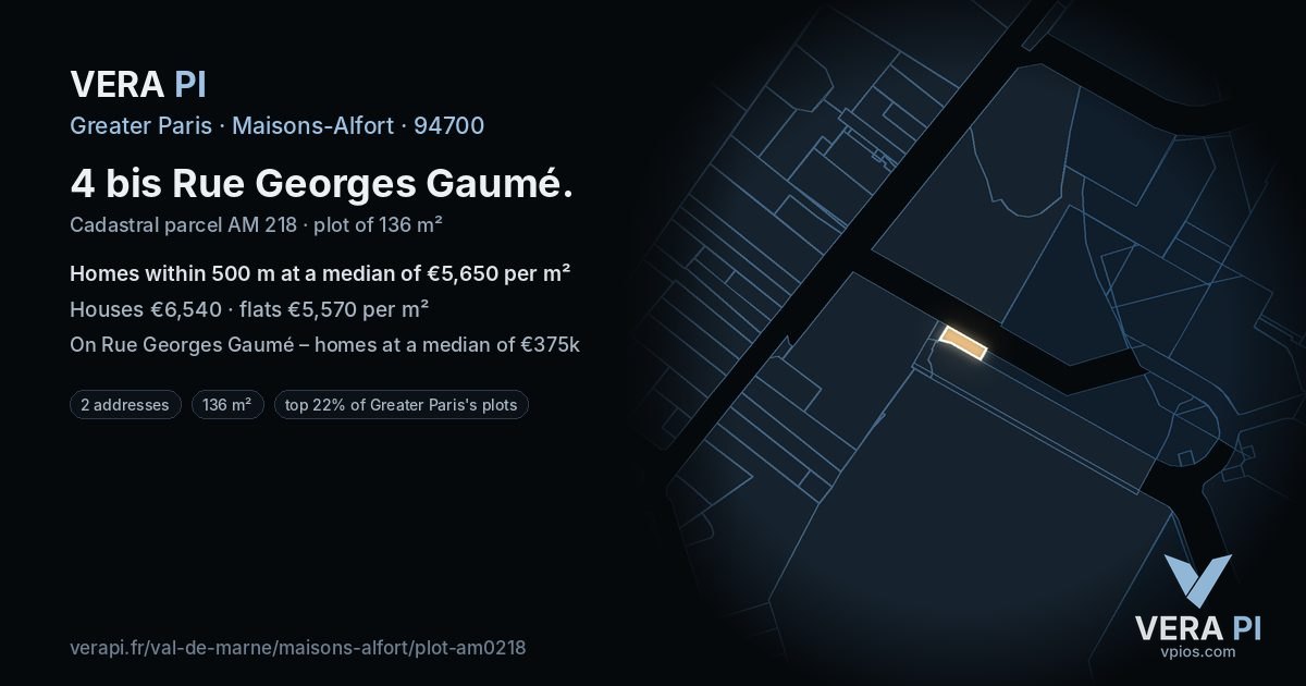 4 bis Rue Georges Gaumé, Maisons-Alfort at night – the plot lit, the parcels around coloured by the prices near them