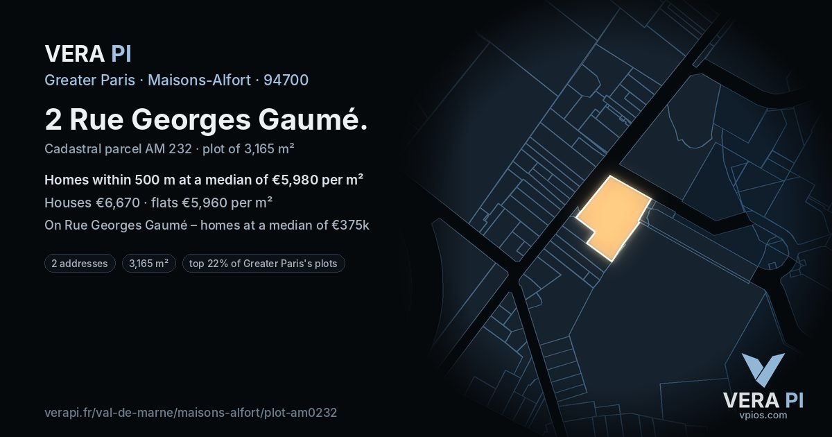2 Rue Georges Gaumé, Maisons-Alfort at night – the plot lit, the parcels around coloured by the prices near them