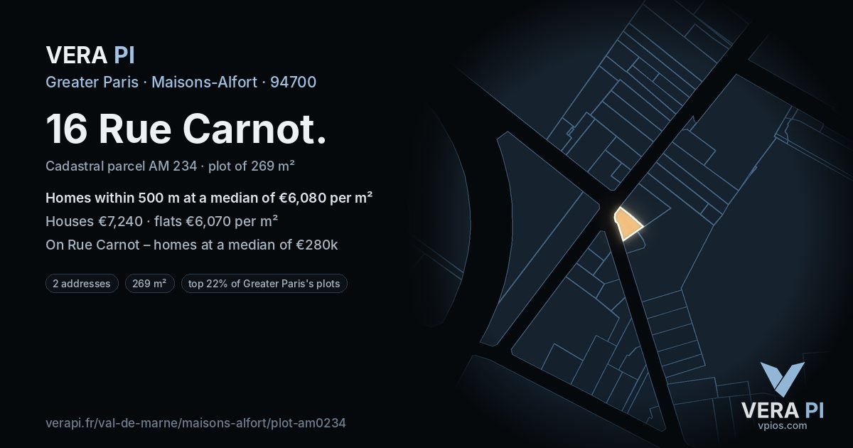 16 Rue Carnot, Maisons-Alfort at night – the plot lit, the parcels around coloured by the prices near them