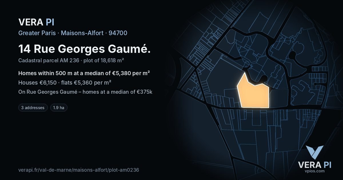 14 Rue Georges Gaumé, Maisons-Alfort at night – the plot lit, the parcels around coloured by the prices near them