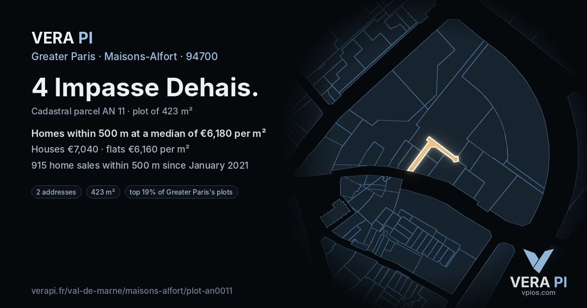 4 Impasse Dehais, Maisons-Alfort at night – the plot lit, the parcels around coloured by the prices near them