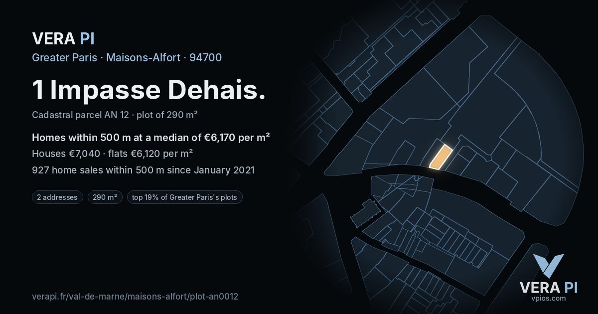 1 Impasse Dehais, Maisons-Alfort at night – the plot lit, the parcels around coloured by the prices near them