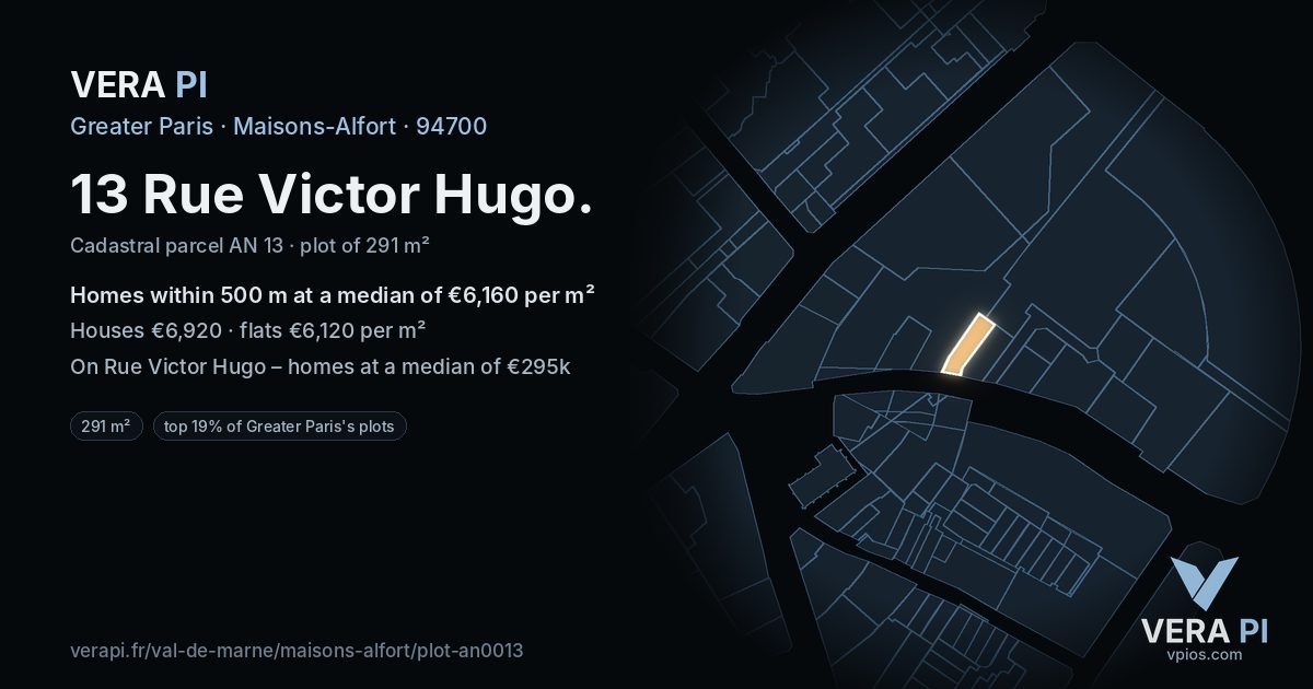 13 Rue Victor Hugo, Maisons-Alfort at night – the plot lit, the parcels around coloured by the prices near them