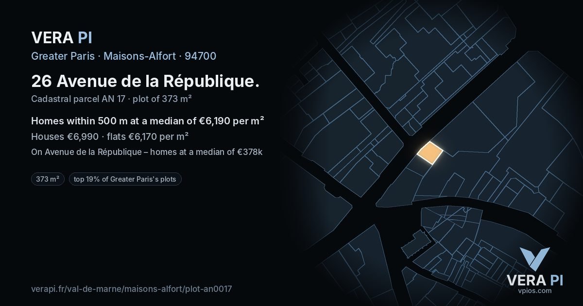 26 Avenue de la République, Maisons-Alfort at night – the plot lit, the parcels around coloured by the prices near them