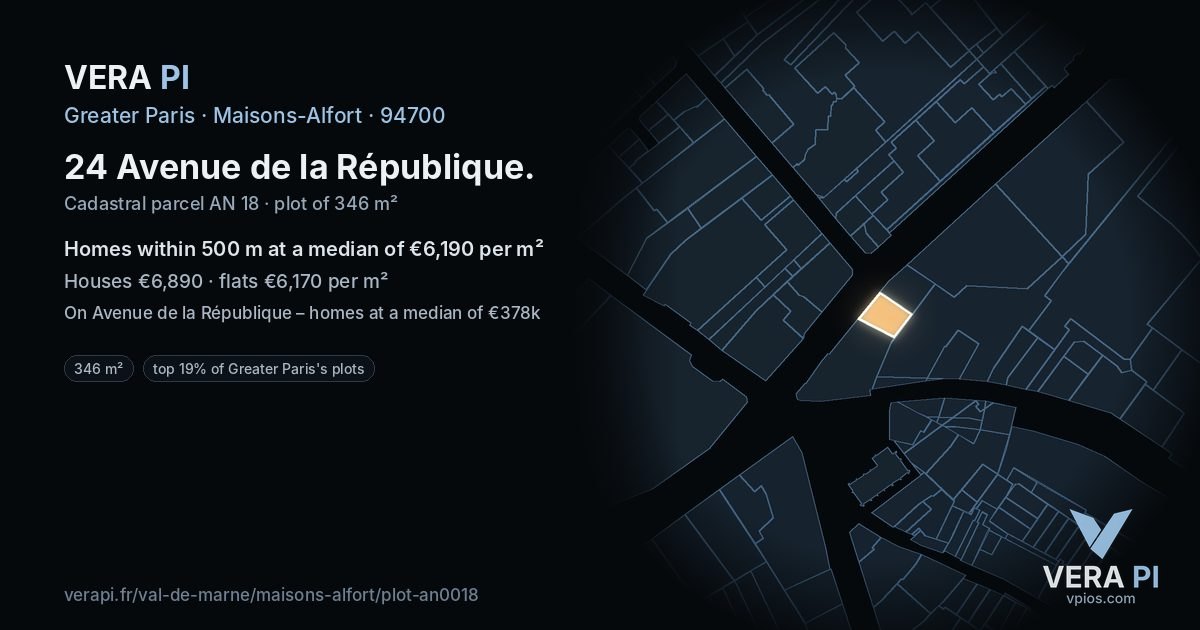 24 Avenue de la République, Maisons-Alfort at night – the plot lit, the parcels around coloured by the prices near them