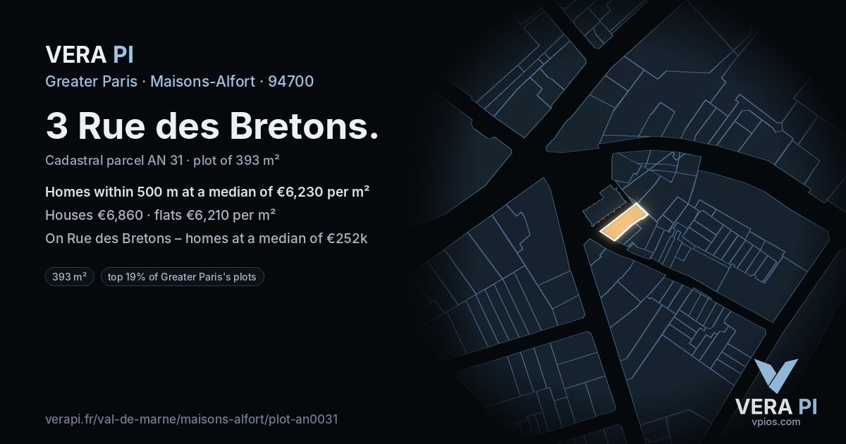 3 Rue des Bretons, Maisons-Alfort at night – the plot lit, the parcels around coloured by the prices near them